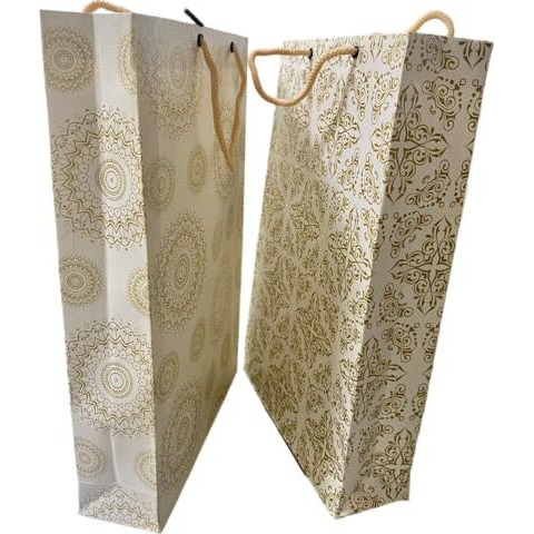 Paper Creative Art White & Gold Medium Size Papper Gift Bag For Shopping Bag, Return Gift Bag, Party Bag, Carry Bag(Pack Of 10)