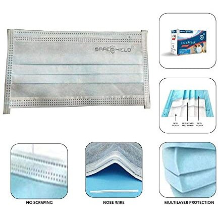 Safeshield Meltblown Fabric Disposable 3 Ply Surgical Face Mask With Nose Pin And Ear Loops (Blue, Without Valve, Pack Of 50) For Unisex