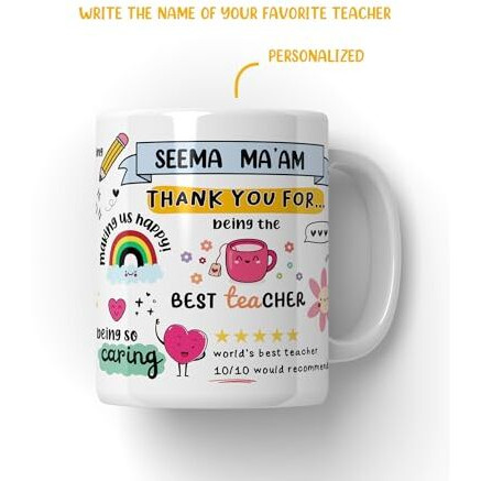 Since 7 Store Personalised Thank You Teacher Mug With Your Favorite Teacher's Name, Appreciation Mug With Lovely Messages/Gift For Teacher's Day, Birthday Or Any Special Ocassion
