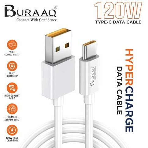 Buraaq 120W Super Vooc Usb To Type C| Compatible With Tabs & Phones Like Mi, Realme, Xiaomi, Oppo, One Plus, Vivo, Iqoo, Nothing & Others| Type C Cable Fast Charging| Usb To Type C Charging Cable| 1M