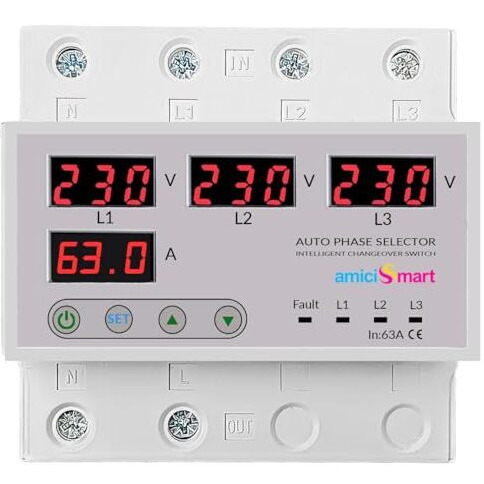 Amicismart Intelligent 3 Phase To 1 Phase Selector/Changeover Switch, 230Vac Control Transfer Switch, Multicolor