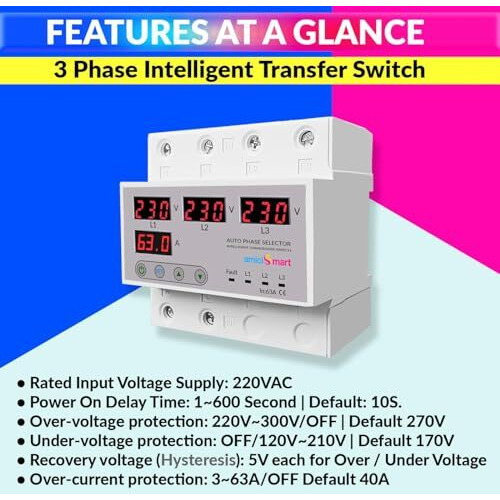 Amicismart Intelligent 3 Phase To 1 Phase Selector/Changeover Switch, 230Vac Control Transfer Switch, Multicolor
