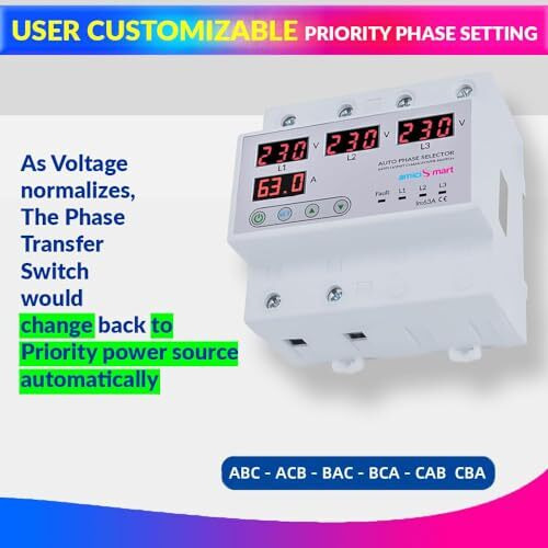 Amicismart Intelligent 3 Phase To 1 Phase Selector/Changeover Switch, 230Vac Control Transfer Switch, Multicolor