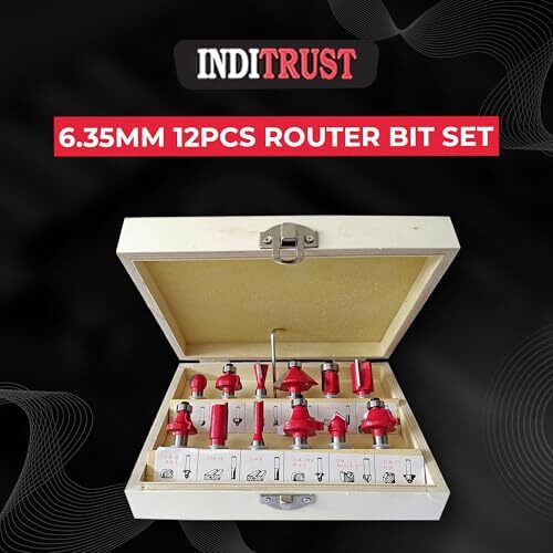Inditrust 6 Mm Router Bit Set 12 Pcs Multi Shape For Router/Trimmer Combo With Wooden Box Specially Designed For Wood Working