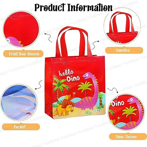 Funblast Dinosaur Gifting Bags For Return Gifts - Pack Of 12 Pcs Non-Woven Carry Bags, Multi-Purpose Reusable Carry Bag, Birthday Gifting Bags, Drawstring Bags For Return Gifts (12)