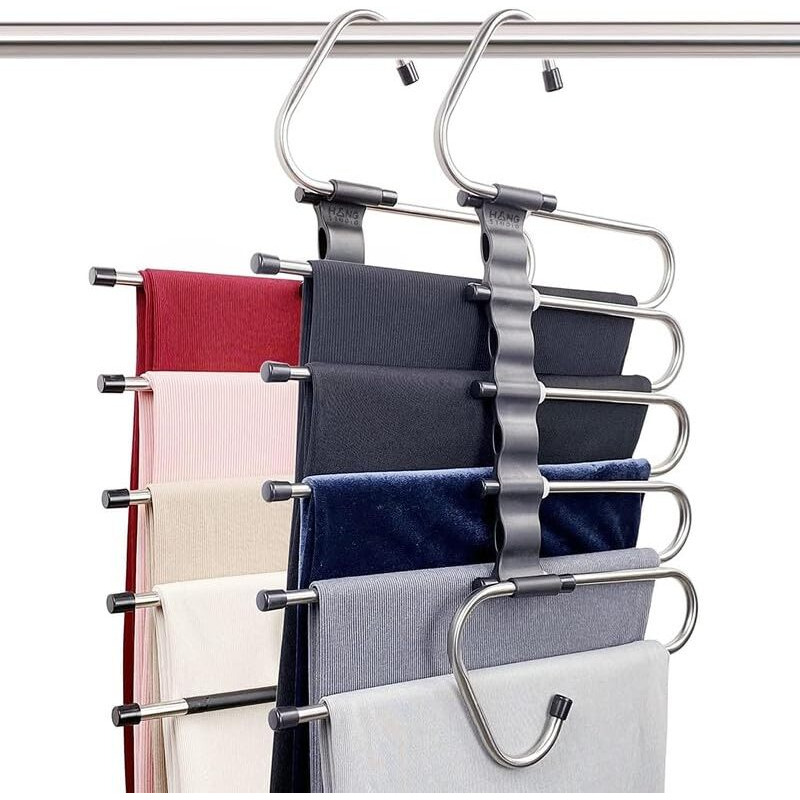 Flymore 5 In 1 Stainless Steel Foldable Hangers For Clothes Hanging Multi-Layer Multi-Purpose Pant Hangers For Wardrobe Magic Foldable Hanger,Multipurpose Hanger Organizer Steel Pack Of 2