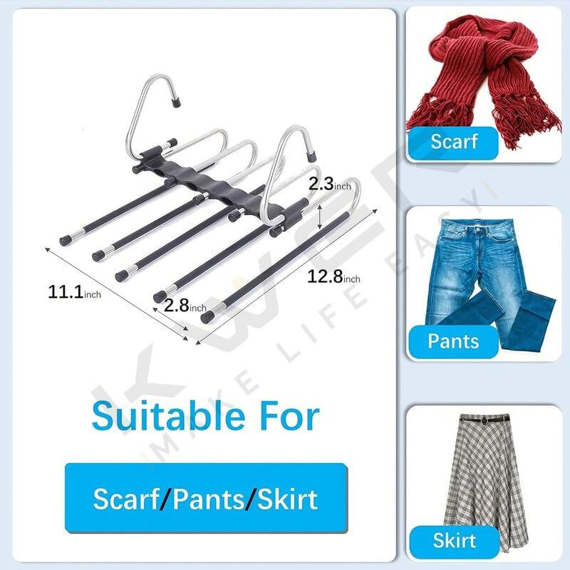Flymore 5 In 1 Stainless Steel Foldable Hangers For Clothes Hanging Multi-Layer Multi-Purpose Pant Hangers For Wardrobe Magic Foldable Hanger,Multipurpose Hanger Organizer Steel Pack Of 2