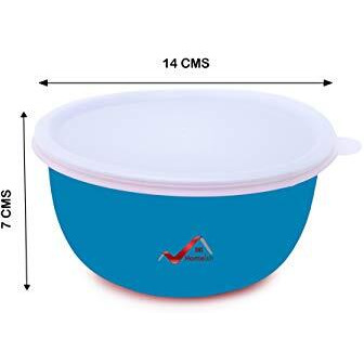 Homeish Microwave Safe Stainless Steel Plastic Coated Bowl With Lids For Re-Heating, Curries, Mixing, Storage Container (Small Size, Red & Turquoise, 4 X 14Cms Each, Approx. 500 Ml Each)