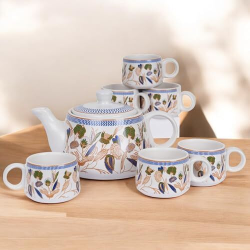 Craf10 Botanic Gold Ceramic Tea Set - 1 Kettle (900 Ml) & 6 Cups (180 Ml), Microwave & Dishwasher Safe