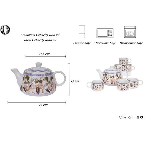 Craf10 Botanic Gold Ceramic Tea Set - 1 Kettle (900 Ml) & 6 Cups (180 Ml), Microwave & Dishwasher Safe
