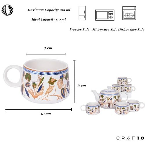 Craf10 Botanic Gold Ceramic Tea Set - 1 Kettle (900 Ml) & 6 Cups (180 Ml), Microwave & Dishwasher Safe