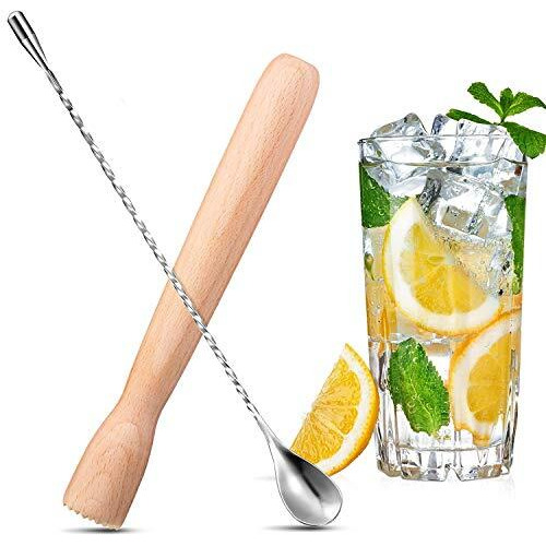 Wooden Cocktail Muddler Drinks Muddler Bar Muddler And 12 Inches Spiral Mixing Spoon Stainless Steel Shaker Spiral Spoon For Making Cocktails Drinks Juice (Set Of 2)