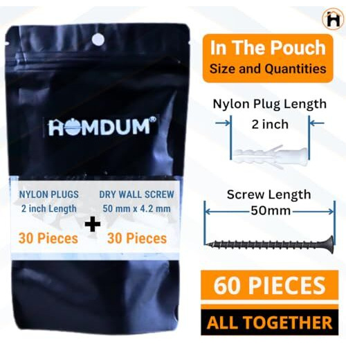 Homdum Nylon Plug With Screws 2 Inch (50 Mm Screw With Plastic Sleeve) Pack Of 60. (2")