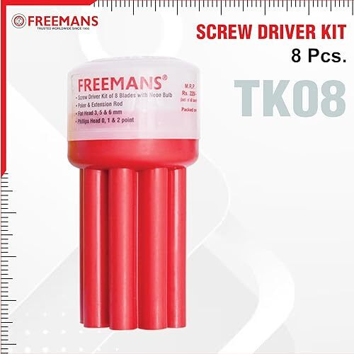 Freemans 8-In-1 Pieces Screw Driver Kit With Neon Bulb, Includes 3 Flat Blades || 3 Phillips Head || 1 Round Poker Bar || Extension Rod, Multi-Purpose Screwdriver Tool Set For Diy Home Use