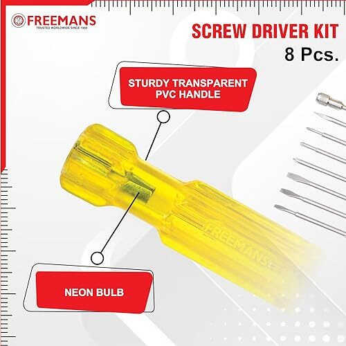 Freemans 8-In-1 Pieces Screw Driver Kit With Neon Bulb, Includes 3 Flat Blades || 3 Phillips Head || 1 Round Poker Bar || Extension Rod, Multi-Purpose Screwdriver Tool Set For Diy Home Use
