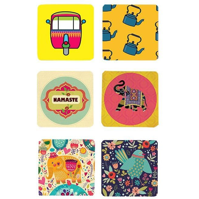 Tajnan Indian Art Printed Coaster Set Of 6 Beautiful Wooden Coasters With Plastic Coating Proper Coaster Stand Designer Coaster Set Fit For Tea Cups,Coffee Mugs & Glasses (Square&Designer 4X4 Inch)