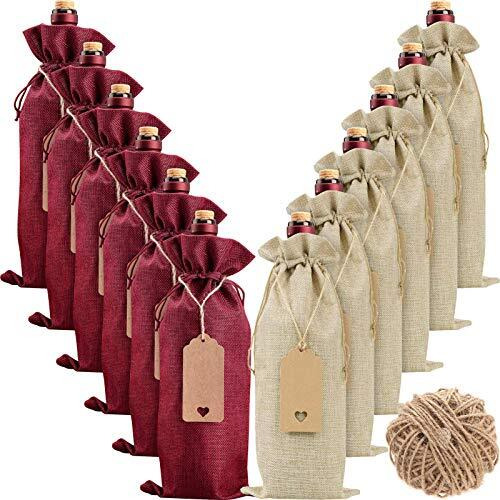 Hasthip 12 Pcs Burlap Wine Bags Wine Gift Bags, 5.9 X 13.78 Inches Wine Bottle Bags With Drawstrings, Tags & Ropes For Birthday, Travel, Holiday Party, Housewarming,Wedding, Home Storage