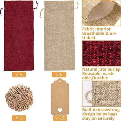 Hasthip 12 Pcs Burlap Wine Bags Wine Gift Bags, 5.9 X 13.78 Inches Wine Bottle Bags With Drawstrings, Tags & Ropes For Birthday, Travel, Holiday Party, Housewarming,Wedding, Home Storage