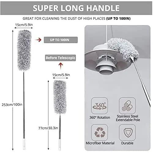 2025 Fan Cleaner Brush With Long Rod Bendable Extendable Duster For Home Cleaning, 100 Inch Long Handle Microfiber Fan Cleaning Mop For High Ceiling Cobweb, Wall Cleaning Brush For Dust Cleaner