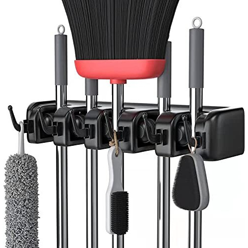 Kienlix Plastic Mop And Broom Holder Wall Mount Hanging Shelves, Heavy Duty Broom Holder Wall Mounted Or Tool Organizer For Home Garden Garage And Storage (5 Positions With 6 Hooks) (Black)