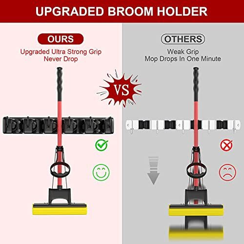 Kienlix Plastic Mop And Broom Holder Wall Mount Hanging Shelves, Heavy Duty Broom Holder Wall Mounted Or Tool Organizer For Home Garden Garage And Storage (5 Positions With 6 Hooks) (Black)