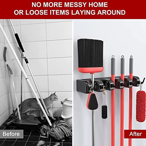 Kienlix Plastic Mop And Broom Holder Wall Mount Hanging Shelves, Heavy Duty Broom Holder Wall Mounted Or Tool Organizer For Home Garden Garage And Storage (5 Positions With 6 Hooks) (Black)