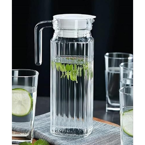 Vilon Premium 1100Ml Glass Water Jug With Plastic Lid & Handle | 1.1L Transparent Beverage Carafe For Home, Office, Etc. | Pitcher For Serve Water, Milk, Juice, Beverage, Chaas, Cocktail (Lining Jug)