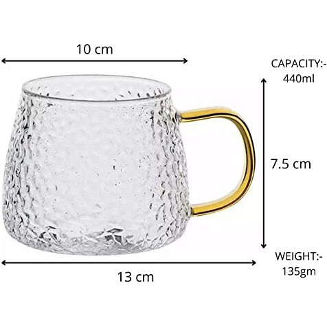 Muac Glass Tea Coffee Cappuccino Soup Bowl Jumbo Glass Cup Multipurpose Mug With Handle 440Ml (Pack Of 4)