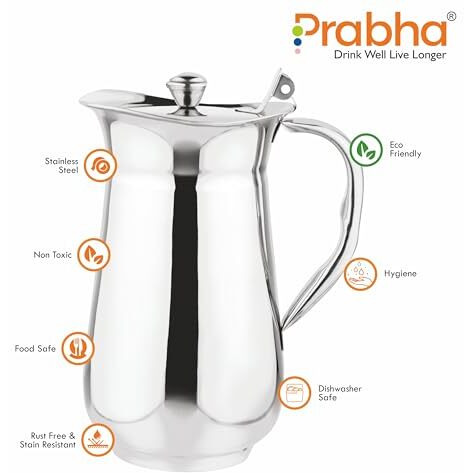 Prabha Water Jug Steel 1.8 Litre Victoria Daily Use Home/Kitchen | 1800Ml Water Jugs For Dining Table | Water Jug With Lid Milk/Juice |Serve Water Pitcher Rust-Free Durable & Elegant Jug For Serving