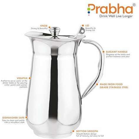 Prabha Water Jug Steel 1.8 Litre Victoria Daily Use Home/Kitchen | 1800Ml Water Jugs For Dining Table | Water Jug With Lid Milk/Juice |Serve Water Pitcher Rust-Free Durable & Elegant Jug For Serving