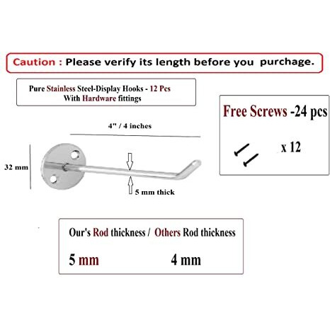 Q1 Beads 12 Pcs 4" Inch Stainless Steel Wall Mount Heavy Duty Display Hook Hanger For Mobile Shop,Counter Display With Hardware Fittings(4 Inches, 12 Pcs)
