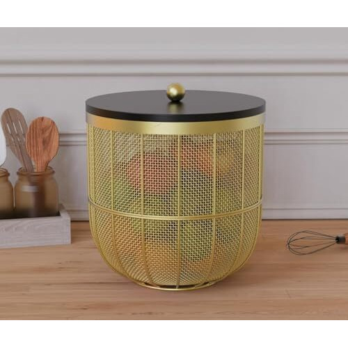The Arts Box Fruit Basket Modern Insect-Free Metal Fruit Basket/Bowl With Wooden Lid  Perfect For Fruits, Vegetables, And Home Dcor, Durable Design, 22X24Cm (Gold)