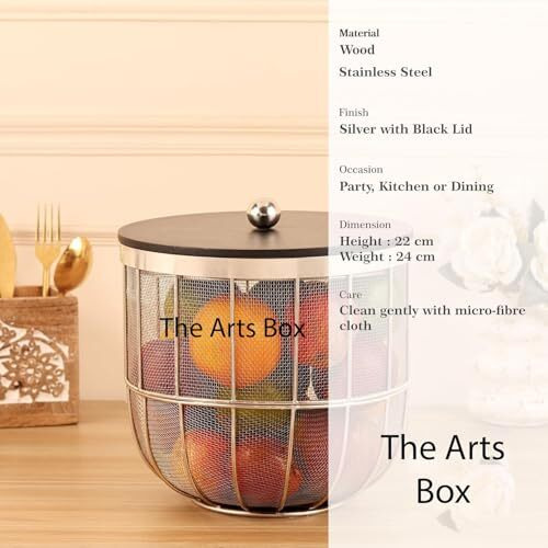 The Arts Box Fruit Basket Modern Insect-Free Metal Fruit Basket/Bowl With Wooden Lid  Perfect For Fruits, Vegetables, And Home Dcor, Durable Design, 22X24Cm (Gold)