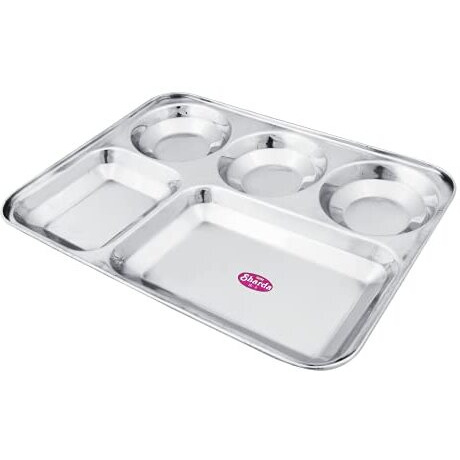 Sharda Metals Stainless Steel Rectangular Compartment Thali With 5 In 1 Divided Partition, Mess, Bhojan, Lunch & Dinner Plates - 13 X 10 Inches