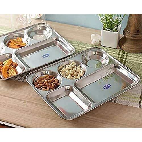 Sharda Metals Stainless Steel Rectangular Compartment Thali With 5 In 1 Divided Partition, Mess, Bhojan, Lunch & Dinner Plates - 13 X 10 Inches