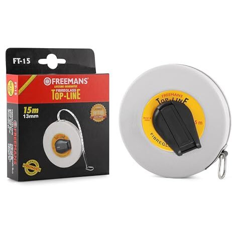 Freemans Ft15 Fiberglass Top Line Measuring Tape - 15M/50Ft || Case Reinforced With Stainless Steel Band || Durable Winding Mechanism Handle And Stainless Steel Mouth With End Hook