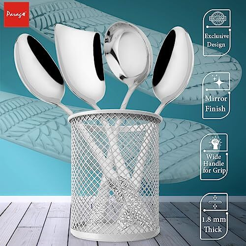 Parage 4 Pieces Stainless Steel Serving Spoons Set For Dining Table/Kitchen, 1.8 Mm Heavy Gauge (1 Soup Ladle (Karchi), 1 Solid Spoon (Chamcha), 2 Rice/Serving Spoons), Silver (Pack Of 4)
