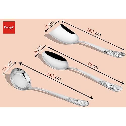 Parage 4 Pieces Stainless Steel Serving Spoons Set For Dining Table/Kitchen, 1.8 Mm Heavy Gauge (1 Soup Ladle (Karchi), 1 Solid Spoon (Chamcha), 2 Rice/Serving Spoons), Silver (Pack Of 4)