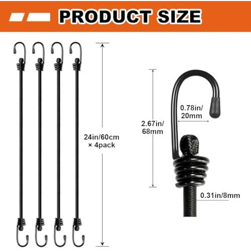 Serplex 4Pcs Boungee Cords 24 Inches Heavy Duty Outdoor Elastic Bungee Straps With Dual End Hook, Elastic Bungie Straps, Bungy Cords, Rubber Bunjee Chords Multi Use Rope For Luggage, Camping, Tidying