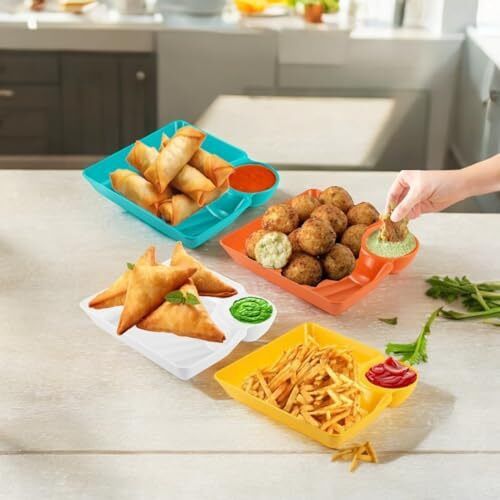 Yomith Chip And Dip Serving Platter Dish Set, Divided Trays Snack Bowl Dishes, Wine Dine Appetizer Plates, Dumpling Plate With Sauce Holder For Kids, Family And Parties (4)