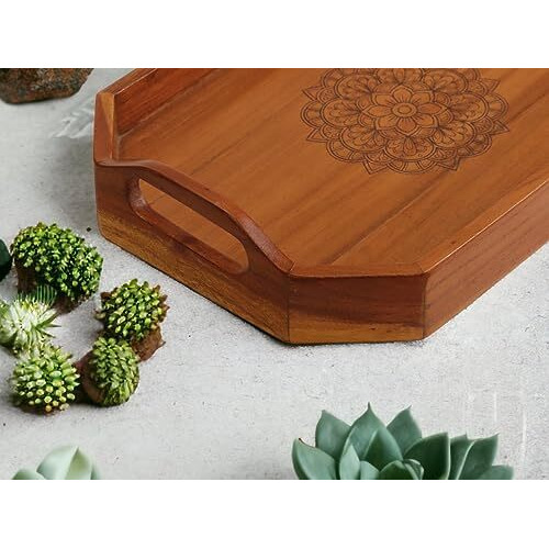 Vesta Homes Acacia Wood Rectangular Brown Serving Tray For Home/Kitchen/Restaurant/Office Organizer/Dining Table | Premium Serving Trays | 40 X 27 X 8 Cm | Handcrafted In India