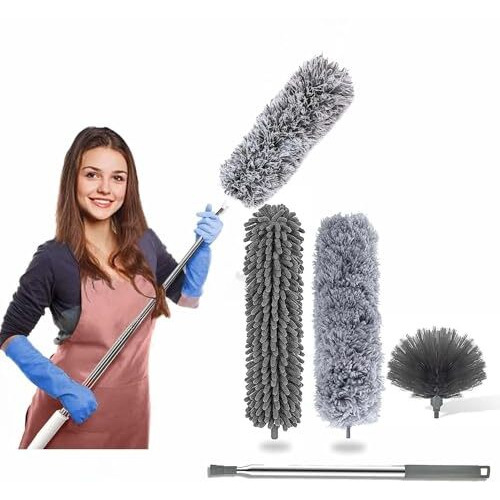 Flyngo Microfiber Feather Duster Bendable & Extendable Fan Cleaning Duster With 100 Inches Expandable Pole Handle Washable For High Ceiling Fans, Window Blinds, Furniture (3 In 1 Duster)