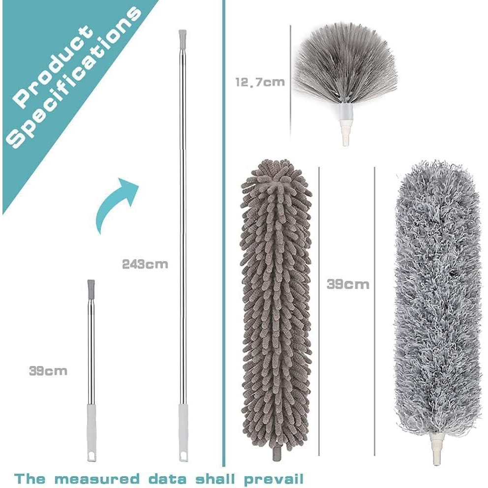 Flyngo Microfiber Feather Duster Bendable & Extendable Fan Cleaning Duster With 100 Inches Expandable Pole Handle Washable For High Ceiling Fans, Window Blinds, Furniture (3 In 1 Duster)