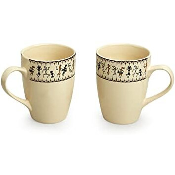 Exclusivelane 'Whispers Of Warli' Handcrafted Ceramic Coffee Mug Set Of 2 (Microwave Safe, 300 Ml) | Tea Mugs For Coffee