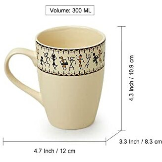 Exclusivelane 'Whispers Of Warli' Handcrafted Ceramic Coffee Mug Set Of 2 (Microwave Safe, 300 Ml) | Tea Mugs For Coffee
