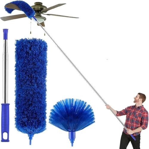 2 In 1 Long Handle Microfiber Feather Duster With Extension Pole 30-100 Inch With Anti Scratch Bendable Head For Cleaning High Cobweb Stick High Ceiling Fan Mop