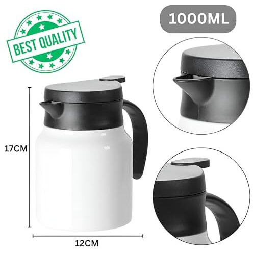 Vendly Teapot With Steel Infuser 1000Ml | Insulated Thermosteel Carafe With Handle | Bpa-Free, Keeps Drinks Hot & Cold For Home Office Travel Outdoor Cafe Black