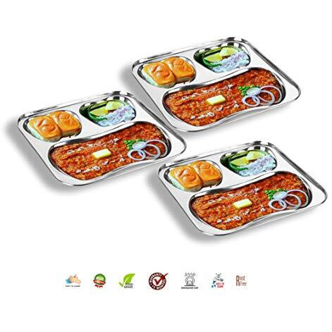 Sumeet Stainless Steel 3 In 1 Pav Bhaji Plate/Compartment Plate 21.5Cm Dia - Set Of 3Pc