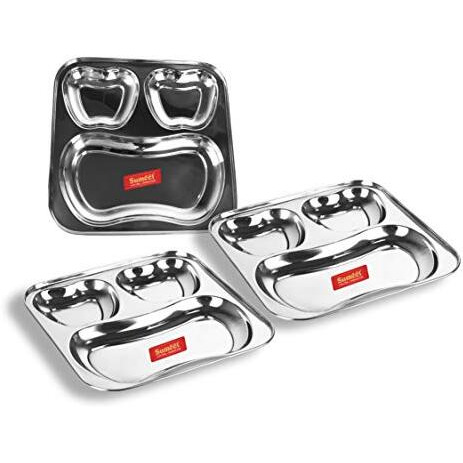 Sumeet Stainless Steel 3 In 1 Pav Bhaji Plate/Compartment Plate 21.5Cm Dia - Set Of 3Pc