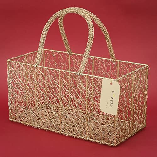 Ekysa Dekor Metal Meshwire Multipurpose Hamper Fancy Basket/Tray/Platter With Wire Handles For Packing, Gifting, Decoration - Golden (12 * 6 * 6 Inch)